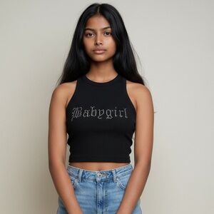Babygirl Rhinestone Halter Crop Top Black Y2K small